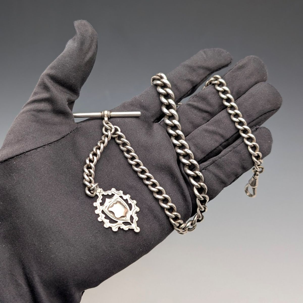 1889年 英国アンティーク 純銀製アルバートチェーン 50g 純銀 