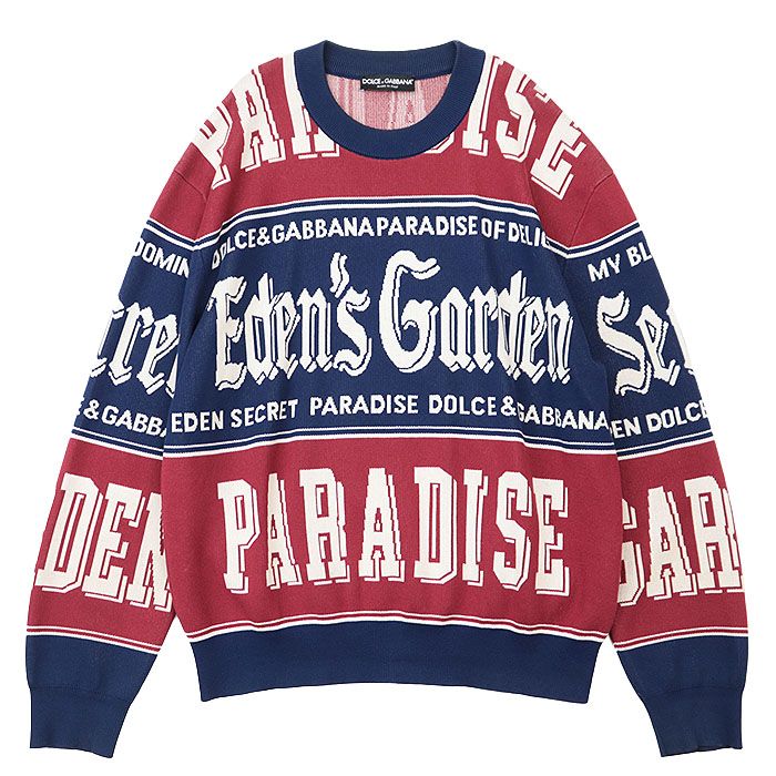 DOLCE & GABBANA ドルチェ アンド ガッバーナ セーター ニット ジャガード Eden’s Garden PARADISE ロゴ 総柄 コットン100% プルオーバー クルーネック 丸首 長袖 トップス メンズ サイズ不明 レッド ネイビー ホワイト 赤 紺 白 イタリア製 GXJ86T JACQ2【中古】 DOLCE & GABBANA ドルチェ アンド ガッバーナ セーター ニット