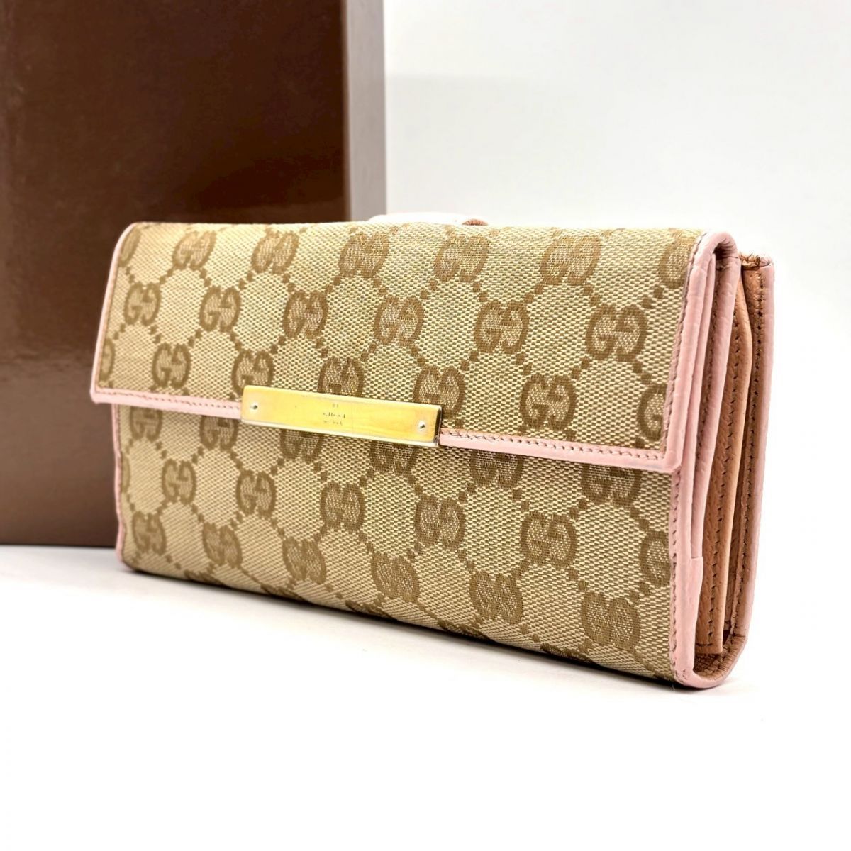 余裕までピンク】 GUCCI 長財布 GGキャンバス Wホック ゴールド