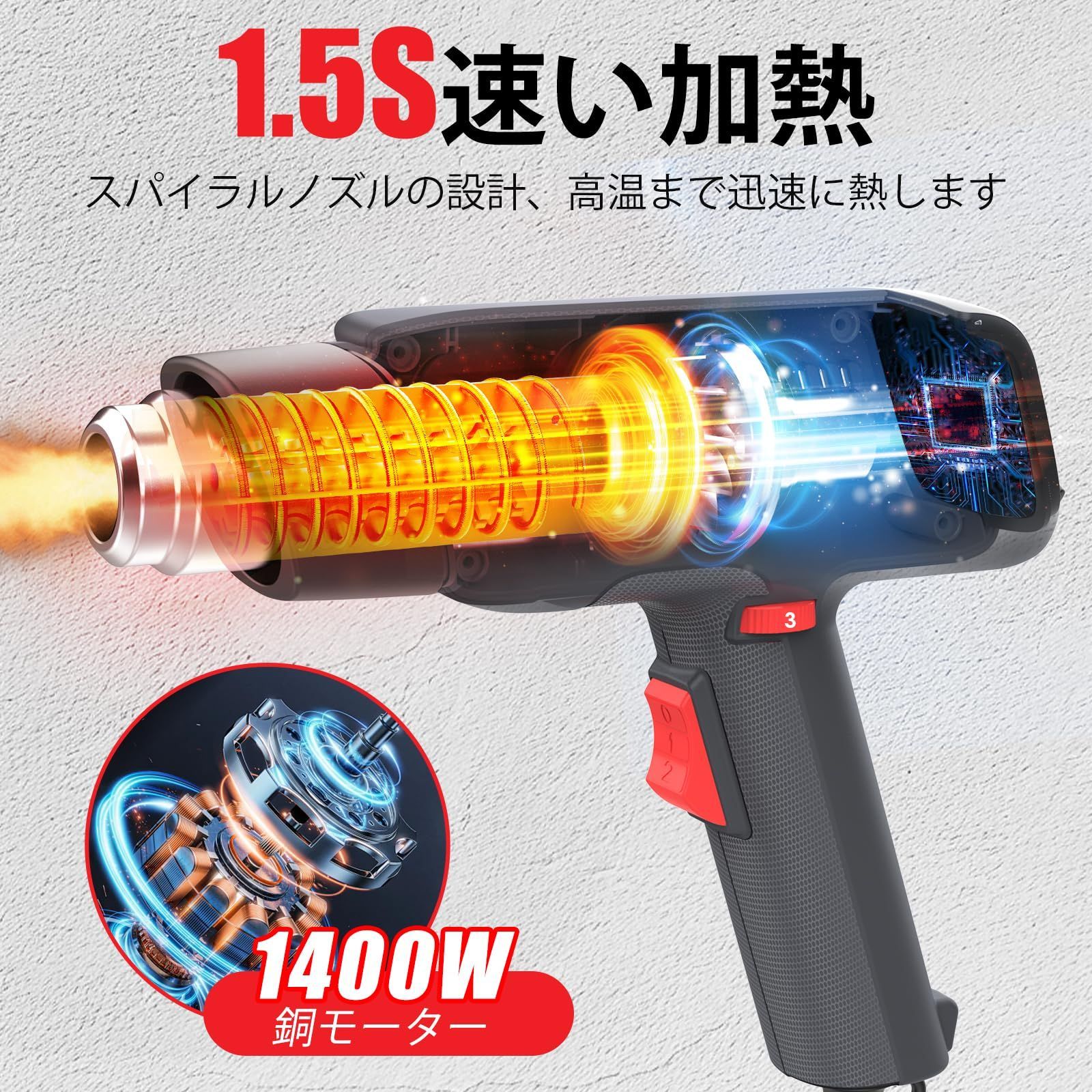 ヒートガン 無段階調温 ホットガン 2段階風量 6可変 温度 設定 ヒート