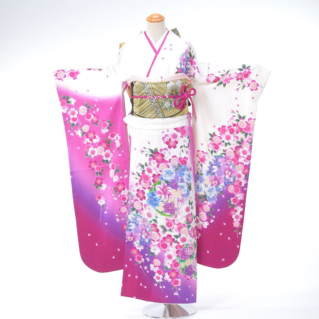 振袖フルセット 6点セット 正絹 白系 モダン 花模様 【振袖・袋帯 