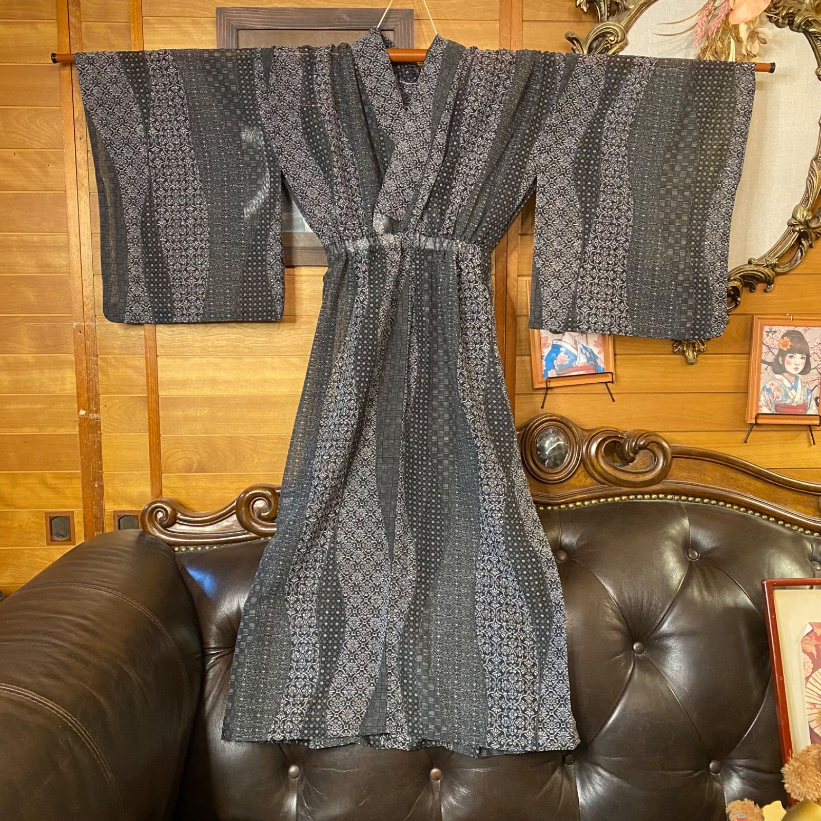 夏着物リメイク セミロング ワンピース／ドレス／洗える化繊 帯サッシュベルト モノトーンの繊細な幾何学模様 KW-1361 夏着物リメイク セミロング ワンピース／ドレス／洗える化繊 帯