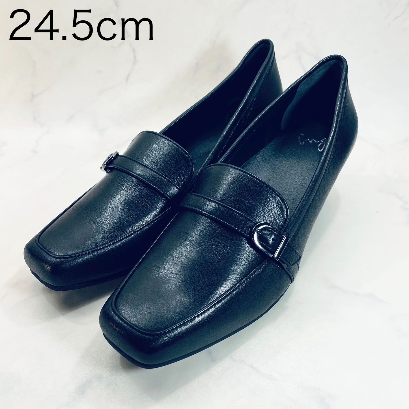 新品 訳あり】イング ベルトデザインヒールローファー 24.5㎝ 黒 