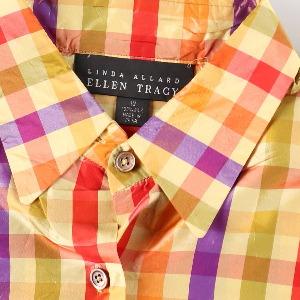 古着 ELLEN TRACY チェック柄 長袖 シルクシャツ レディースL相当/eaa621188 古着 ELLEN TRACY チェック柄 長袖 シルクシャツ レディースL相当