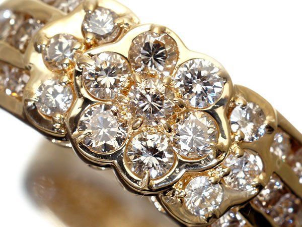 18金リング、ジュエリーマキ　ダイヤ入り花模様 ジュエリー極】ジュエリーマキ 豪華フラワーデザイン輝く！良質天然