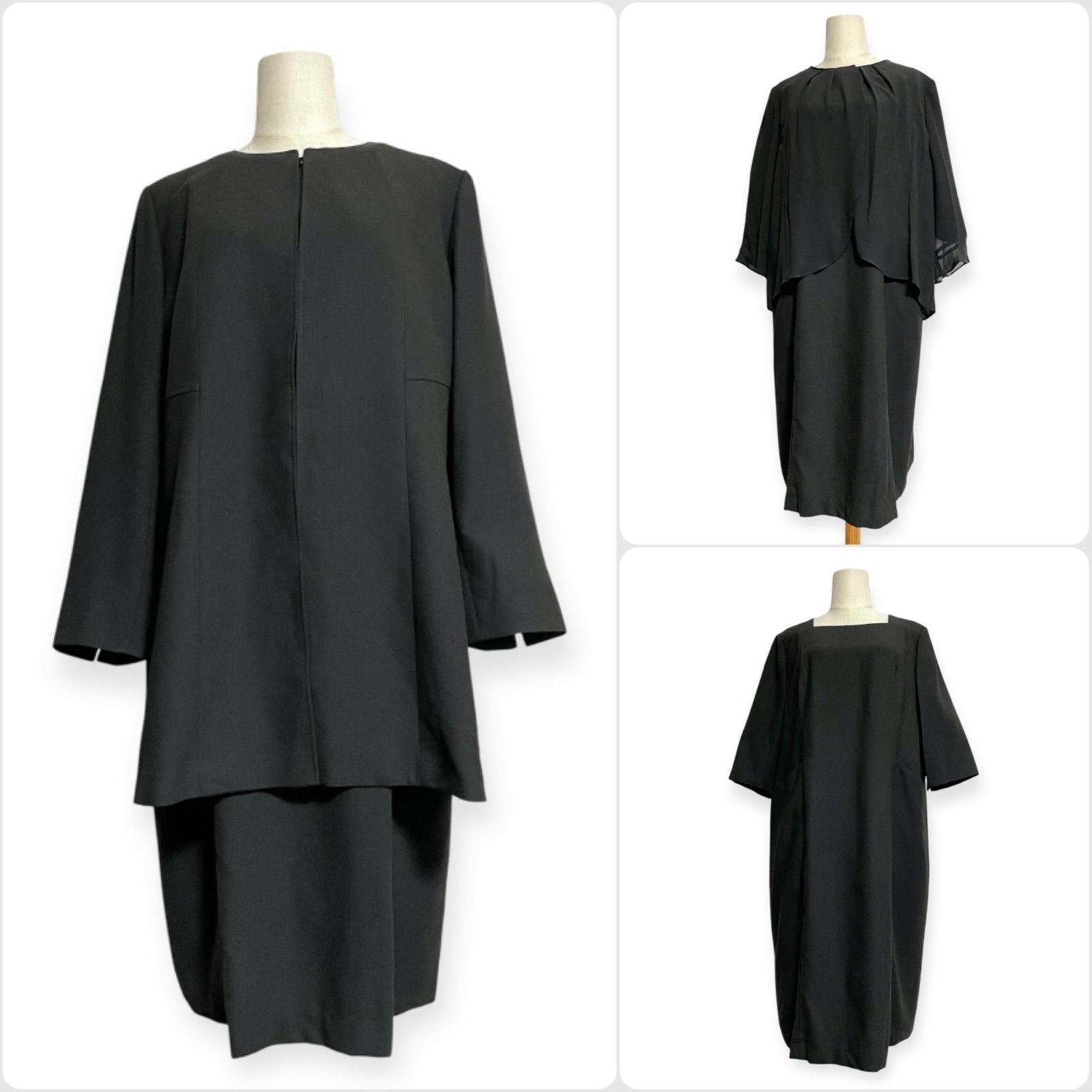 【未使用・タグ付き】東京ソワール TOKYO SOIR 大きいサイズ 21号 定価69,000円 高級 喪服 礼服 冠婚葬祭 ブラックフォーマル ノーカラーロングジャケット・シアーボレロ・前開きワンピース 3点セット 訳あり