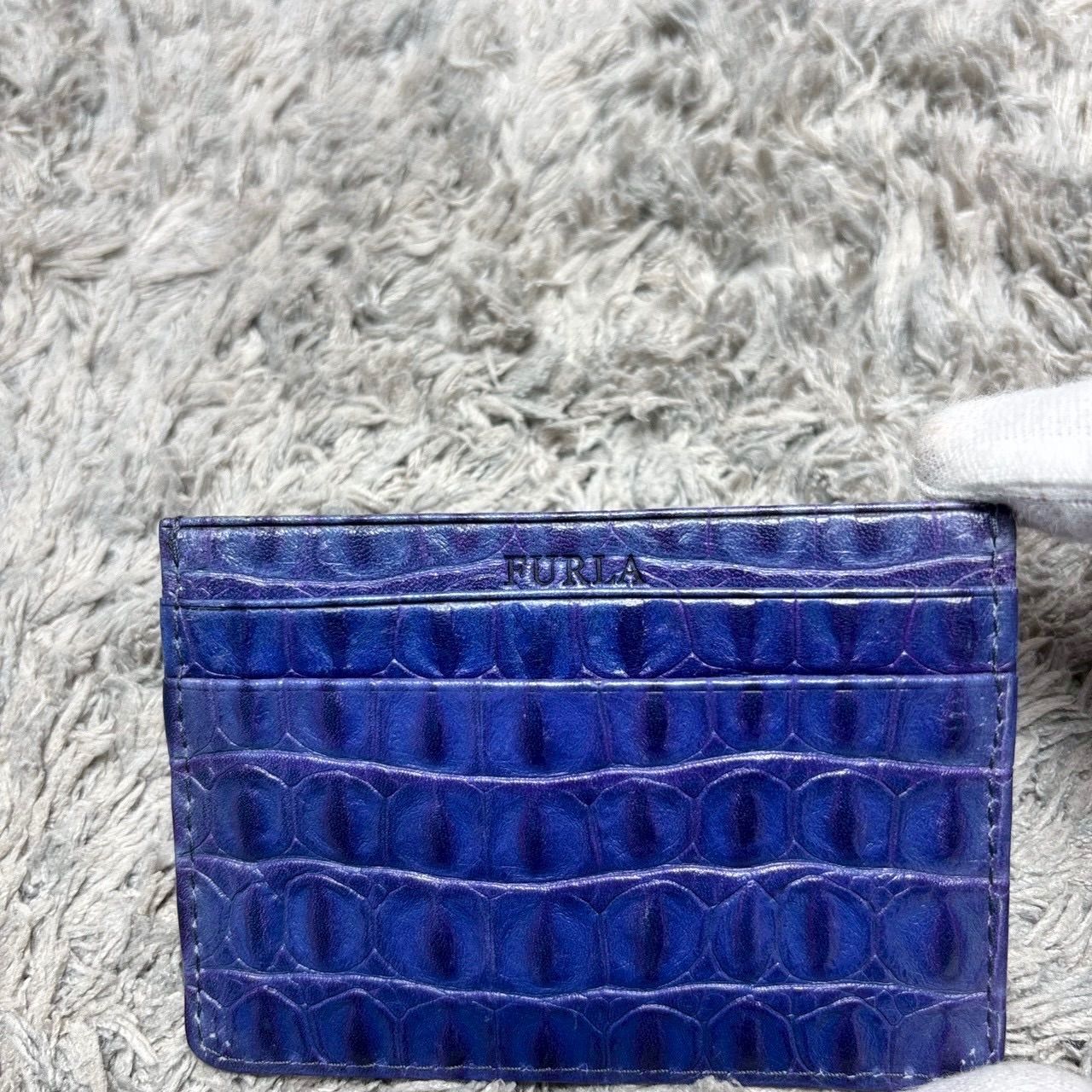 FURLA フルラ カードケース 名刺入れ レザー 型押し ブルー - メルカリ