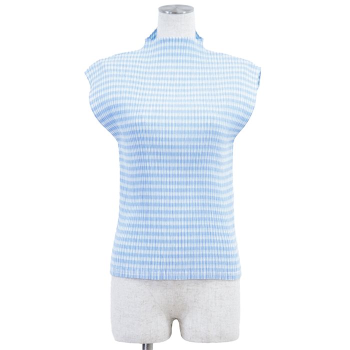 SALE【新品同様】ISSEY MIYAKE イッセイミヤケ カットソー ギンガムチェック サイズ 2 レディース プリーツ ハイネック フレンチスリーブ トップス サックスブルー 青 日本製 SALE【新品同様】ISSEY MIYAKE イッセイミヤケ カットソー ギンガム