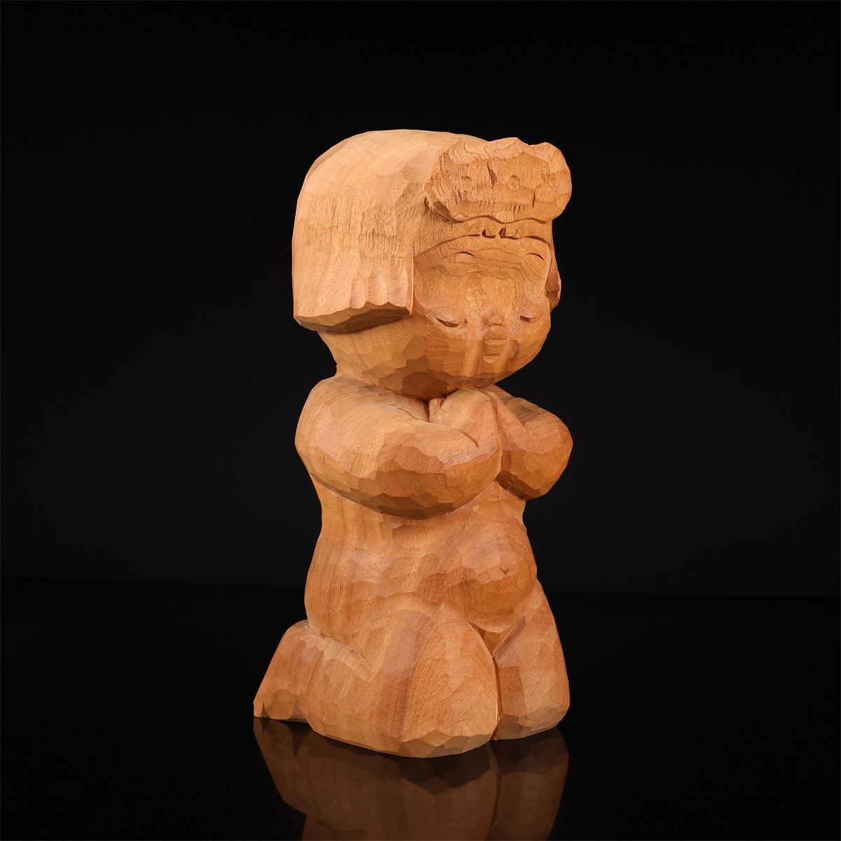 彫刻家 【大町誠一】 木彫展出品作 童風情 置物 高34㎝／共箱付 美品N