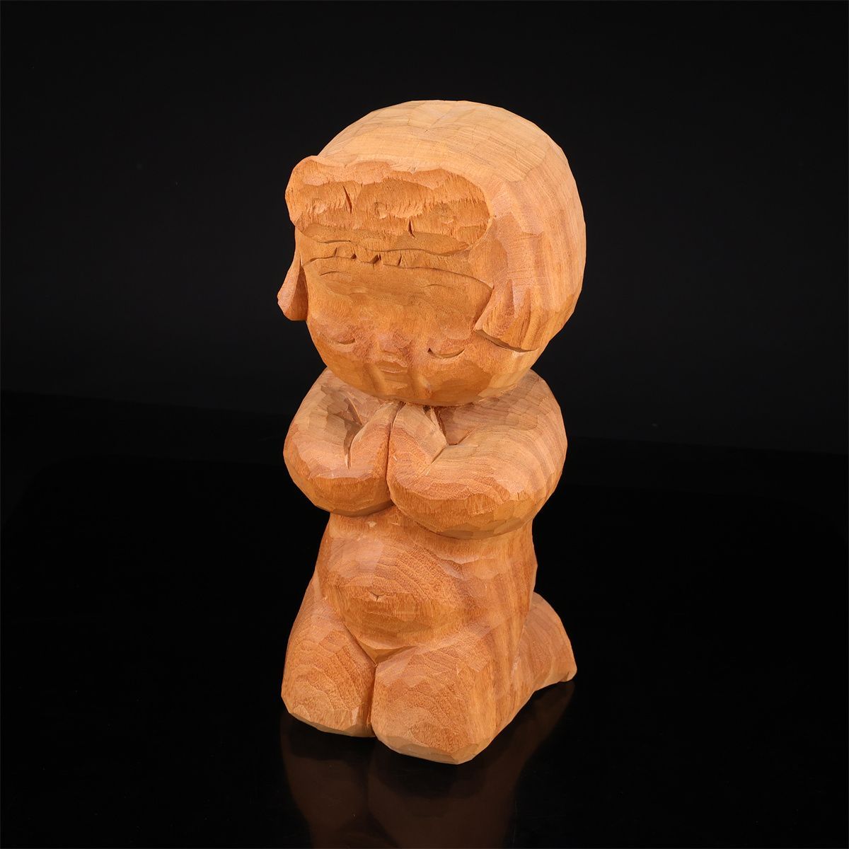 彫刻家 【大町誠一】 木彫展出品作 童風情 置物 高34㎝／共箱付 美品N