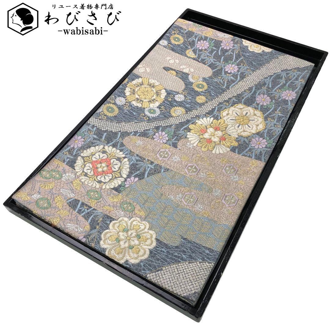 袋帯 エ霞に華柄模様 花七宝 花亀甲 灰青色 金銀糸 O-5759 袋帯 エ霞に華柄模様 花七宝 花亀甲 灰青色 金銀糸 O-5759 - メルカリ