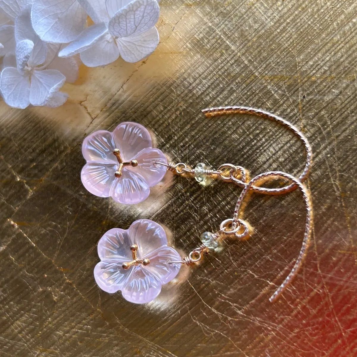セール❣️ローズクォーツヴェルメイユフフラワー＆グリーンサファイアピアス14kgf セール❣️ローズクォーツヴェルメイユフフラワー＆グリーンサファイア