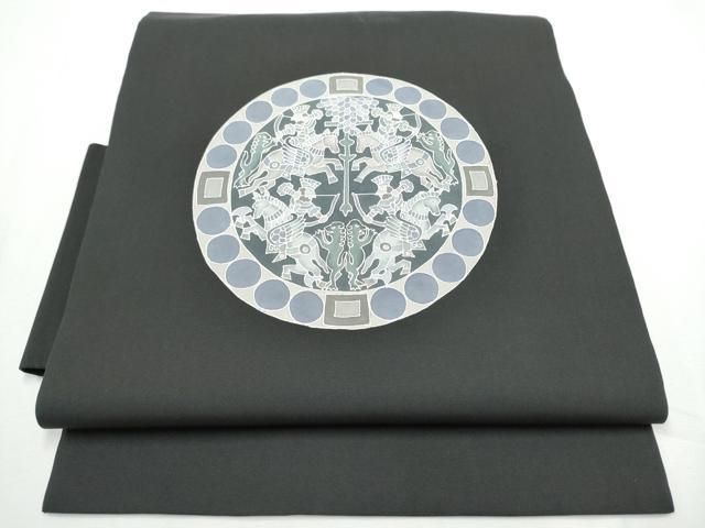平和屋着物●塩瀬　つけ帯　型染め　狩猟丸文　黒地　正絹　逸品　CABE8587hy 平和屋着物○塩瀬 つけ帯 型染め 狩猟丸文 黒地 正絹 逸品 CABE8587hy