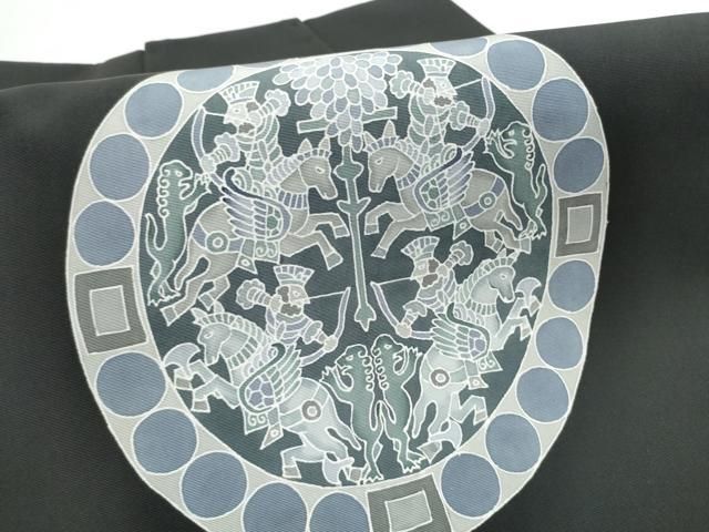 平和屋着物●塩瀬　つけ帯　型染め　狩猟丸文　黒地　正絹　逸品　CABE8587hy 平和屋着物○塩瀬 つけ帯 型染め 狩猟丸文 黒地 正絹 逸品 CABE8587hy