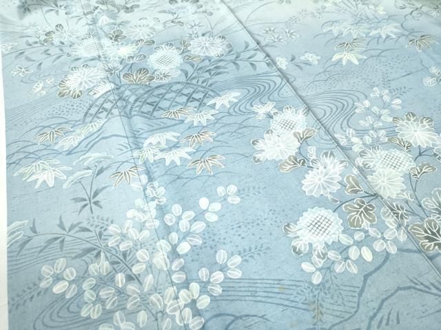 平和屋着物●小林文次郎　訪問着　紬地　流水籬草花文　正絹　逸品　CABE2757yc 平和屋着物○小林文次郎 訪問着 紬地 流水籬草花文 正絹 逸品
