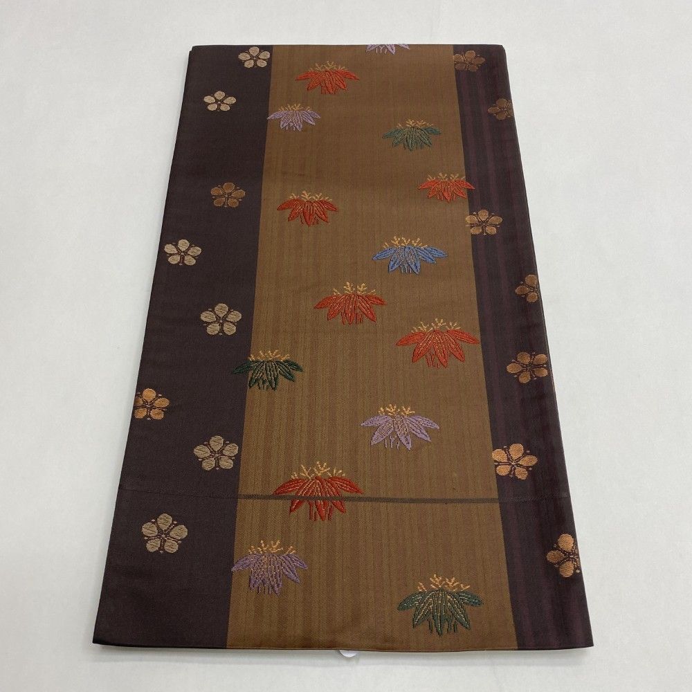 袷 正絹 草花 唐草 茶 シルエット しゃれ袋帯 洒落袋 P-176 中古 洒落 