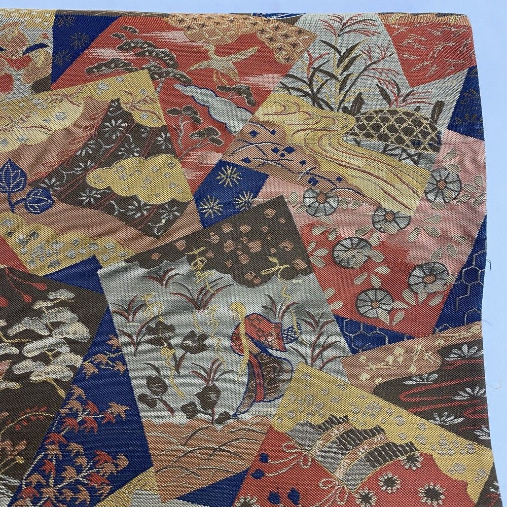 中古 洒落袋帯 正絹 草花 全通柄 マルチカラー Cランク 427cm 5460