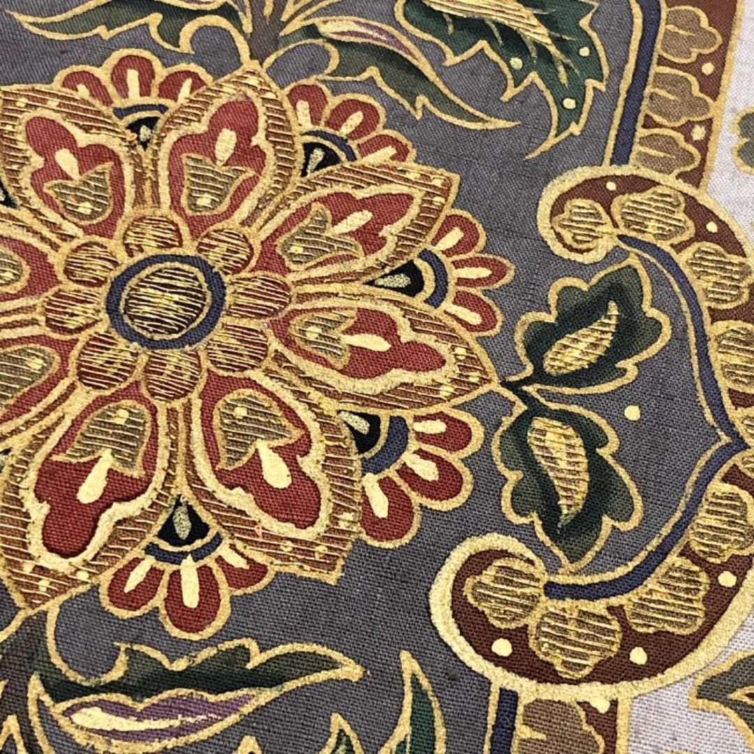 袋帯 紬 作家物 落款有り 金彩加工 染め柄 菊 桔梗 牡丹 中古 kp1561 メンテナンス済み中古帯＞ 金彩友禅作家 和田光正 作 京金彩 袋帯