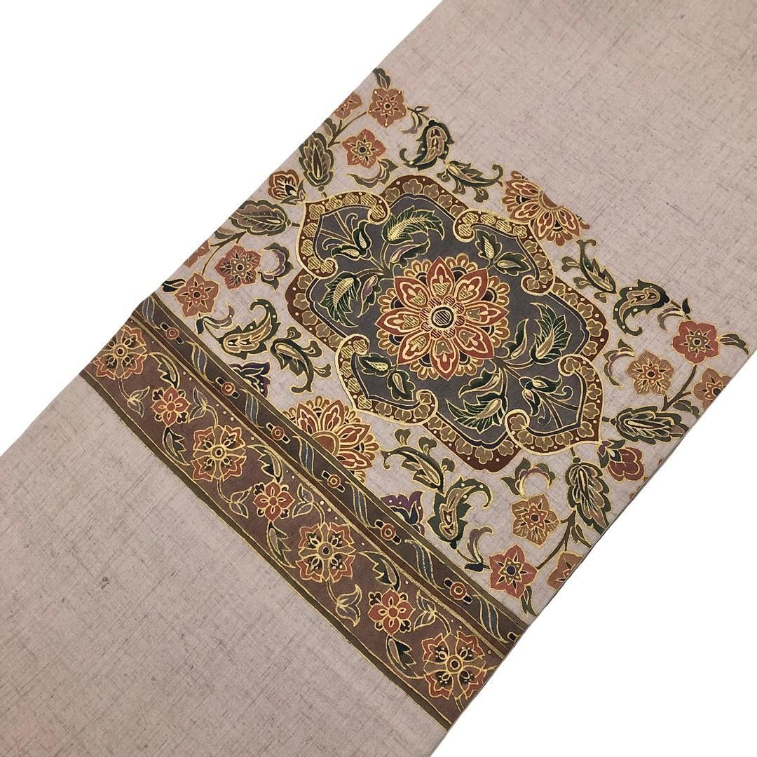 袋帯 紬 花唐草模様 金駒刺繍 鴇鼠色 金彩 O-6111 袋帯 紬 花唐草模様 金駒刺繍 鴇鼠色 金彩 O-6111 - メルカリ