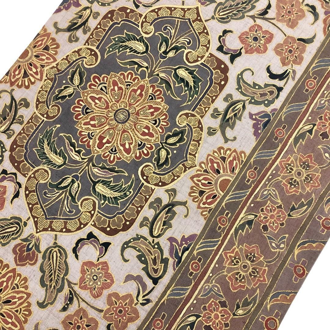 袋帯 紬 花唐草模様 金駒刺繍 鴇鼠色 金彩 O-6111 袋帯 紬 花唐草模様 金駒刺繍 鴇鼠色 金彩 O-6111 - メルカリ