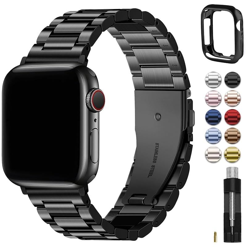 for Apple Watch バンド アップルウォッチ 11 10対応 42mm 保護ケース付き ステンレス製 Apple Watch 交換ベルト iWatch バンド ビジネス 通勤 おしゃれ 長さ調整器具付き（42mm(S11/10), ブラック） 1