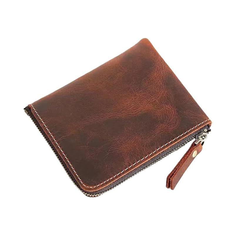 [Brand New] [LEOLEO] Product Name Thin Genuine Leather Short Wallet Crazy Horse Leather Compact Coin Purse Men's Popular Ultra Lightweight Stylish Ladies Wallet (Brown) 0