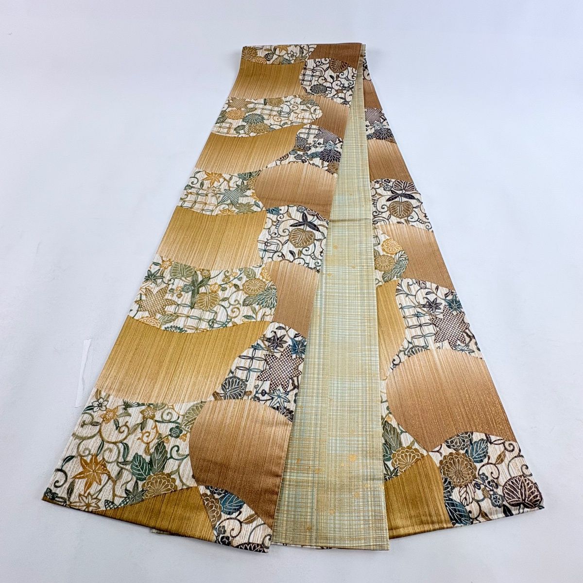 ムガシルク 金彩花唐草ライトベージュ全通柄 名古屋帯 (袋帯としても