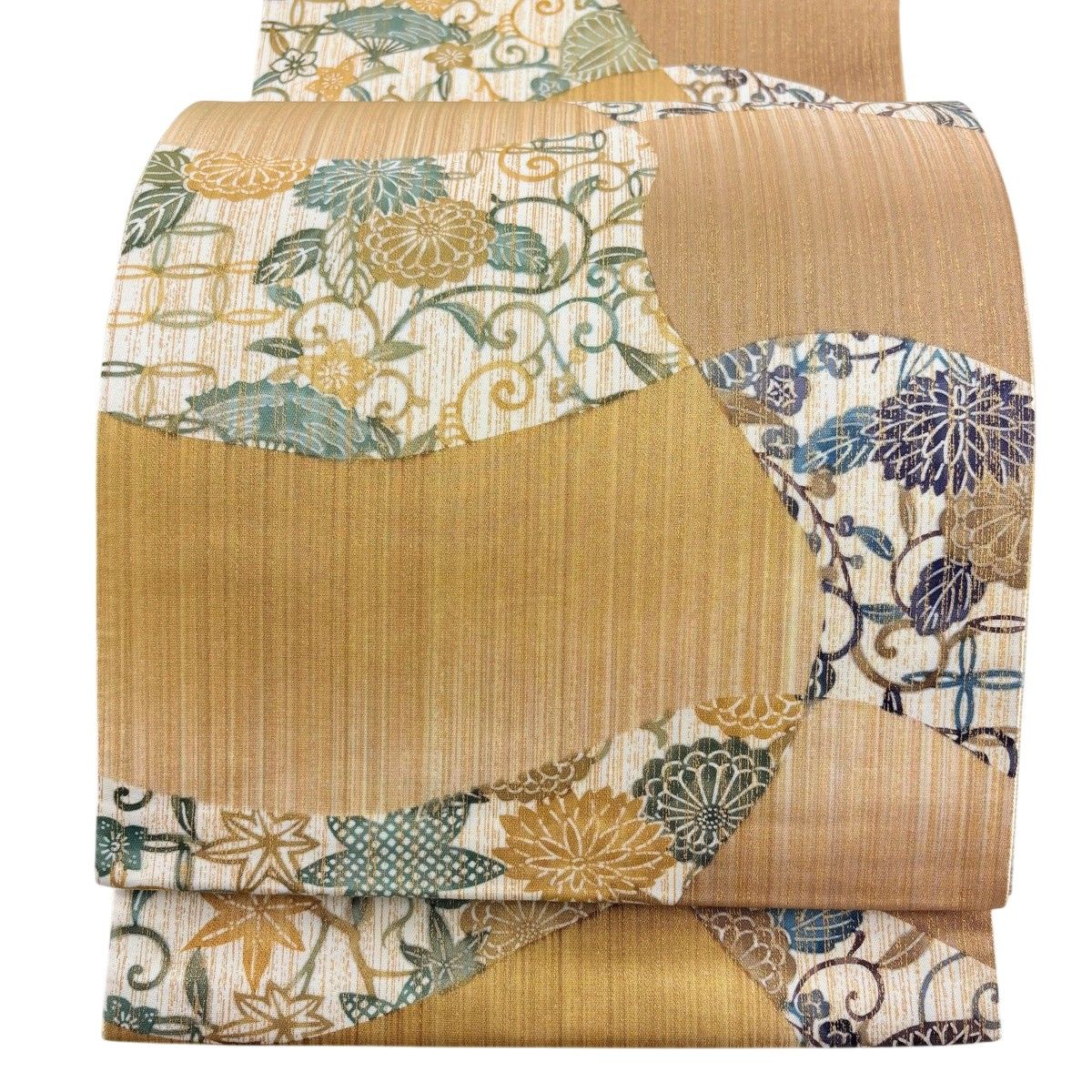 ムガシルク 金彩花唐草ライトベージュ全通柄 名古屋帯 (袋帯としても)極美品 ムガシルク 金彩花唐草ライトベージュ全通柄 名古屋帯 (袋帯としても