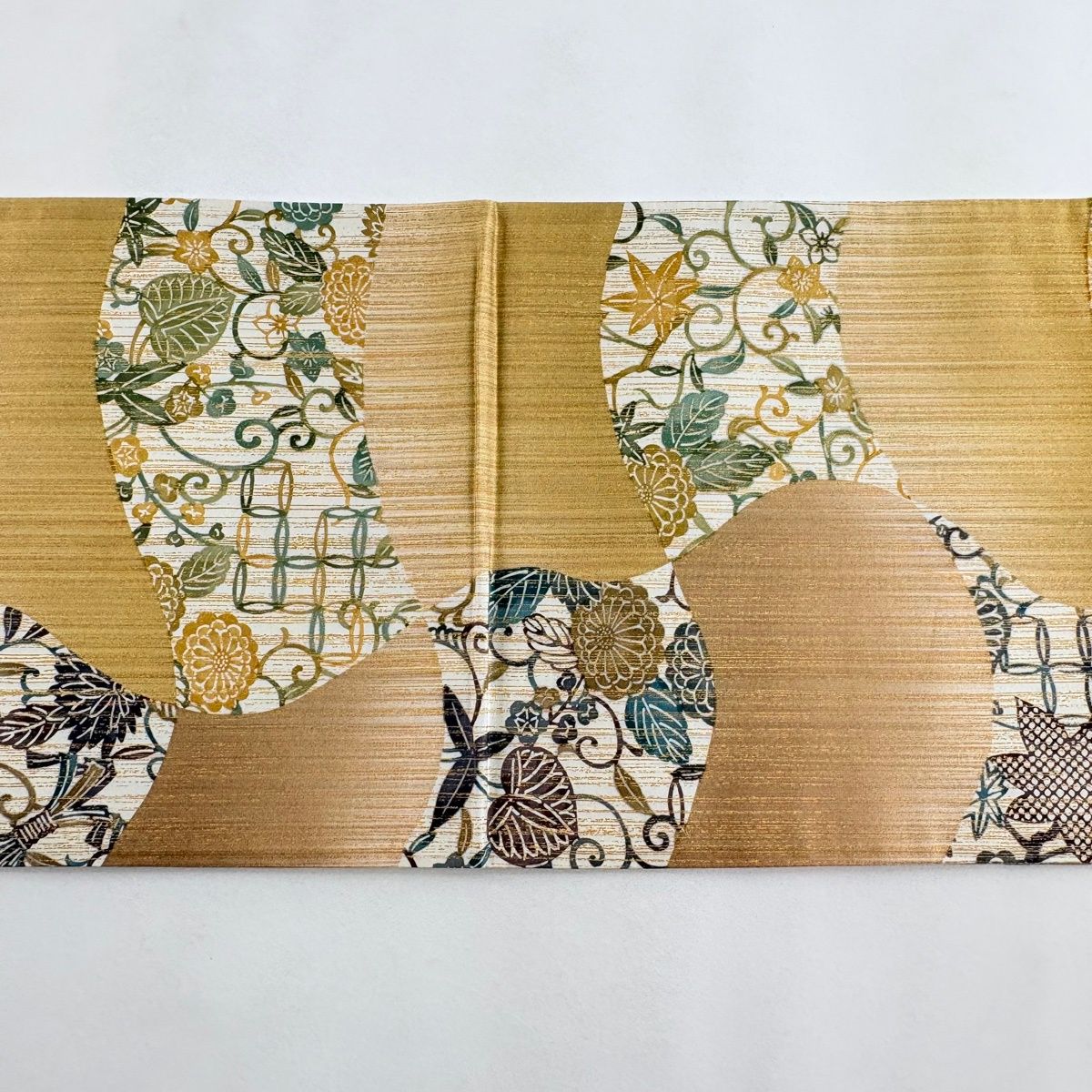 ムガシルク 金彩花唐草ライトベージュ全通柄 名古屋帯 (袋帯としても