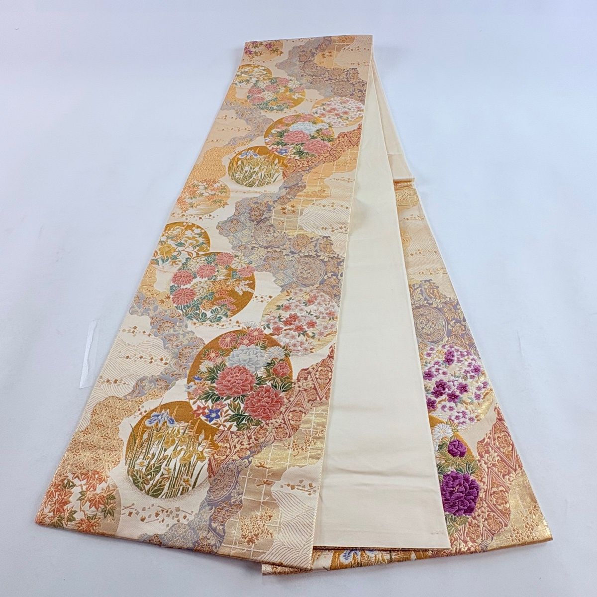 袋帯 名品 じゅらく 落款 じゅらく帝王紫 四季の花 丸文 金糸 箔 金色 