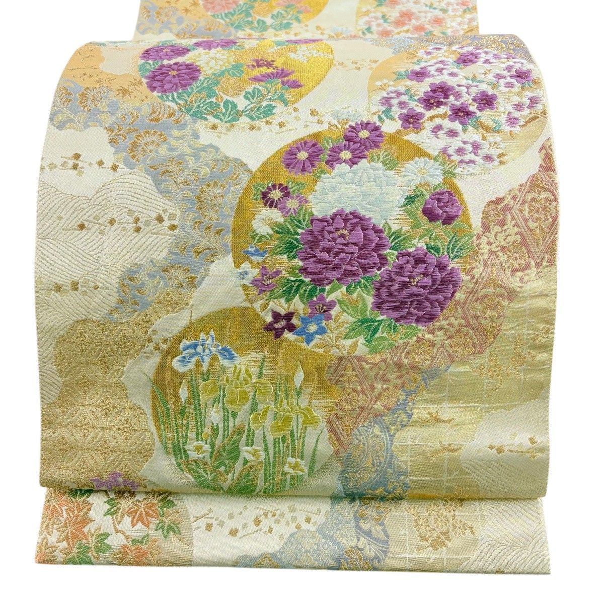 袋帯 名品 じゅらく 落款 じゅらく帝王紫 四季の花 丸文 金糸 箔 金色 