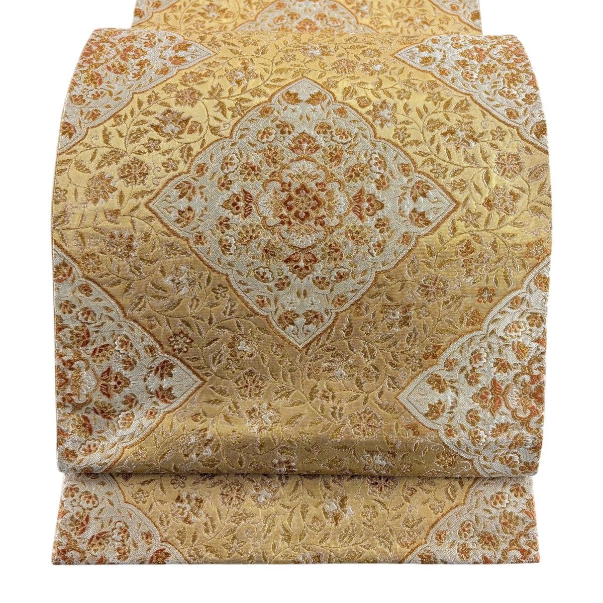 美品】 袋帯 名品 河村織物 落款 手おり 花唐草 古代麗雅文 金糸 箔