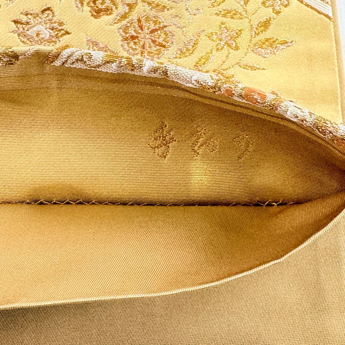 河村織物手織り六通袋帯 美品】 袋帯 名品 河村織物 落款 手おり 花唐草 古代麗雅文 金糸 箔