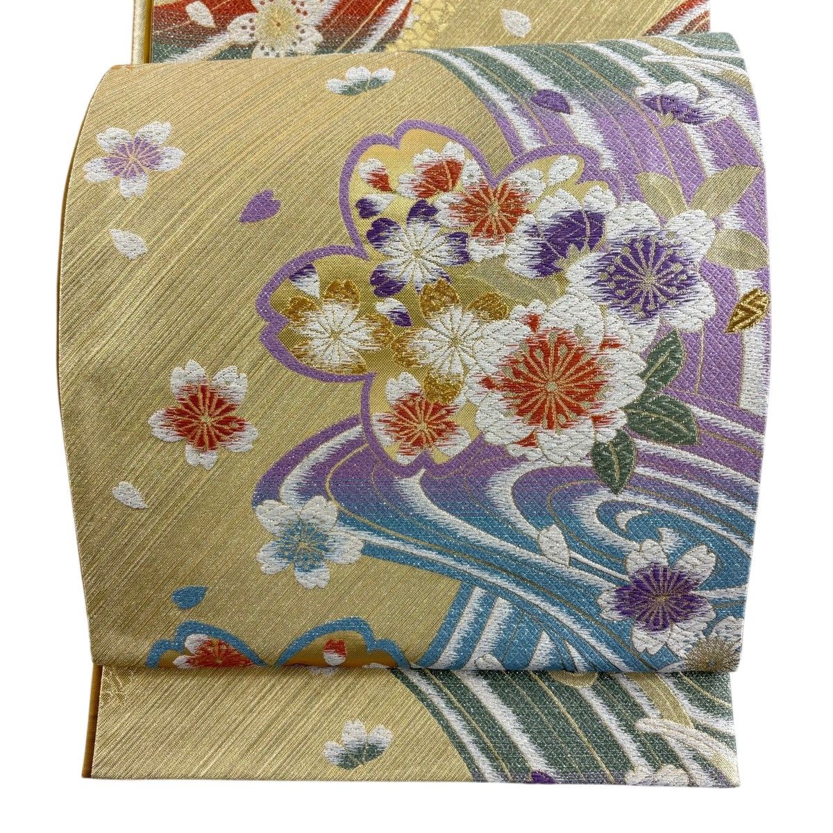 流水に花びらの紬袋帯 未使用品 全通柄 正絹 ガード加工 【公式通販】