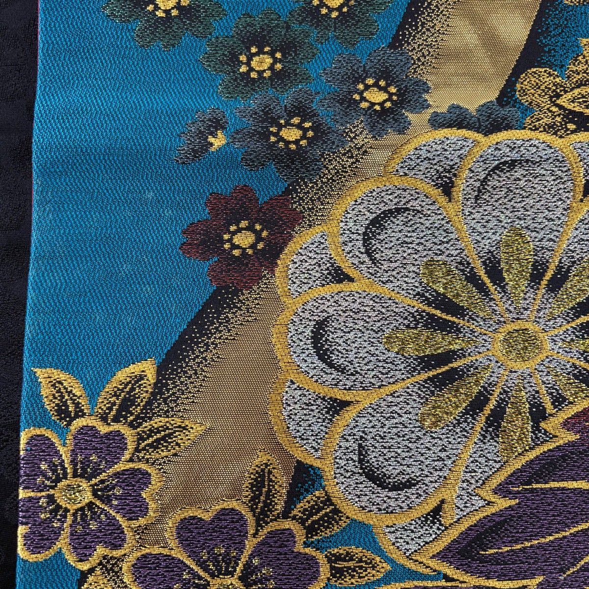 袋帯 美品 秀品 花唐草 刺繍 箔 青 六通 正絹 【中古】 袋帯 美品 秀品