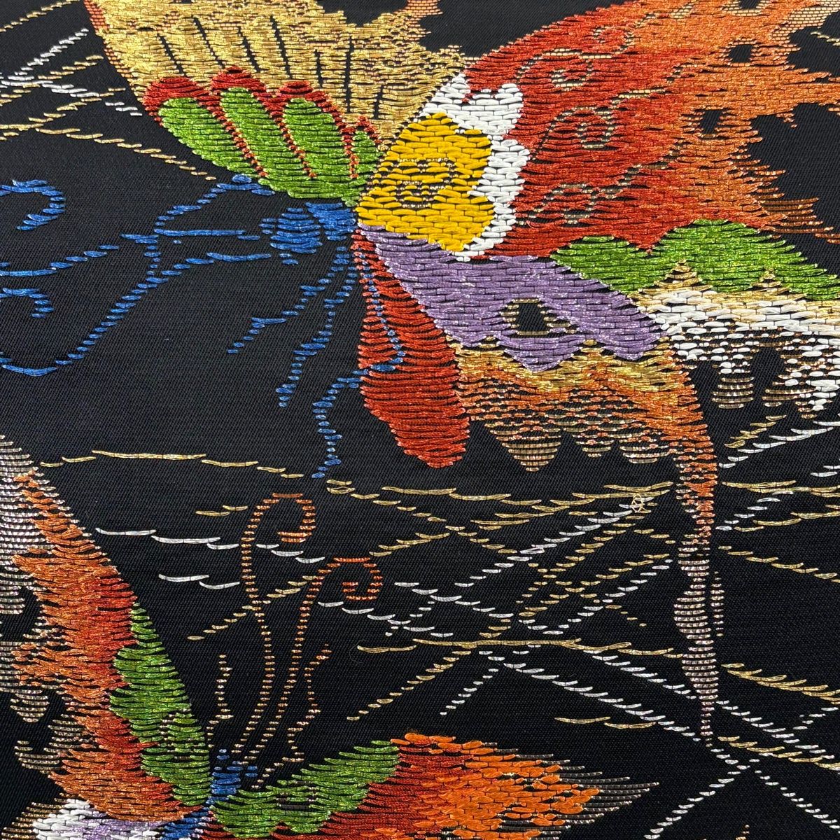 袋帯 秀品 関西仕立て 本袋 蝶 箔 金銀糸 黒 六通 正絹 【中古 