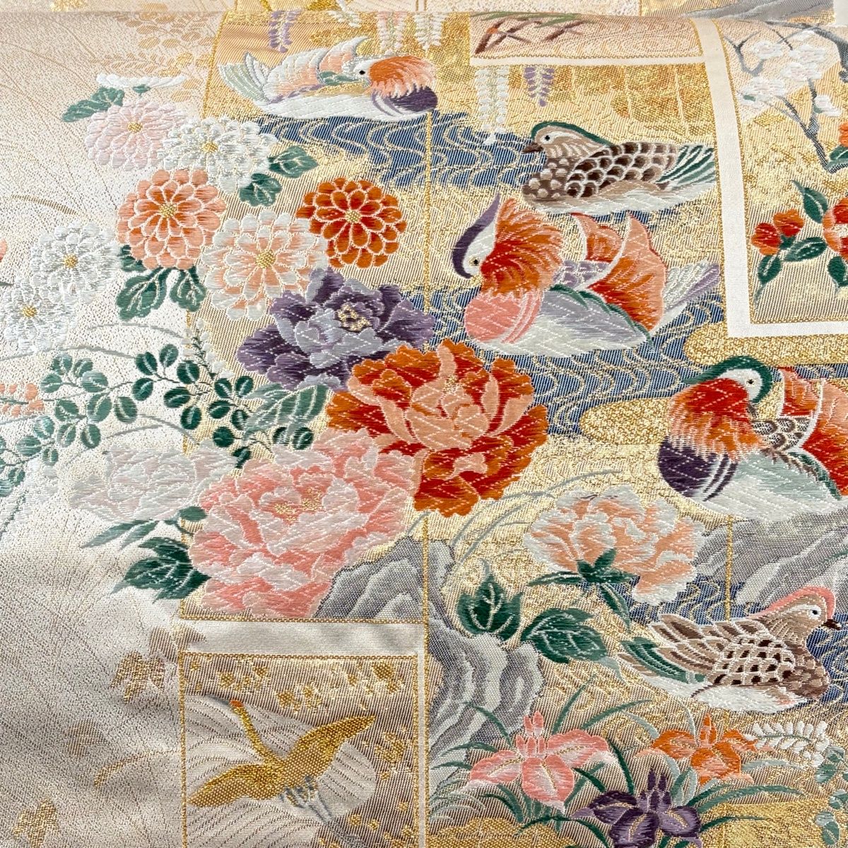 美品】 袋帯 秀品 短冊に花鳥紋 鴛鴦 箔 金銀糸 ベージュ 六通 正絹 