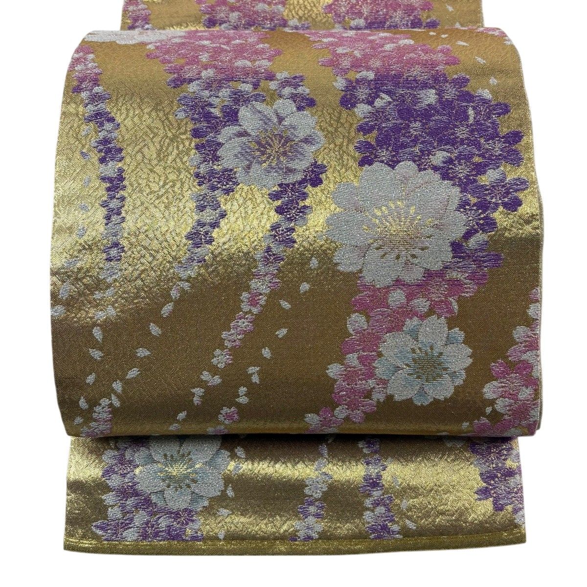 すごい値！袋帯 正絹 京都 西陣 六通柄 金糸 ラメ糸 黄 紫 桜の花びら 霞 フォーマル 新古品 仕立て上がり 美品 みやがわ neb00407 すごい値！袋帯 振袖用 京都 西陣 正絹 金糸 ラメ糸 緑 桜 花 六通柄