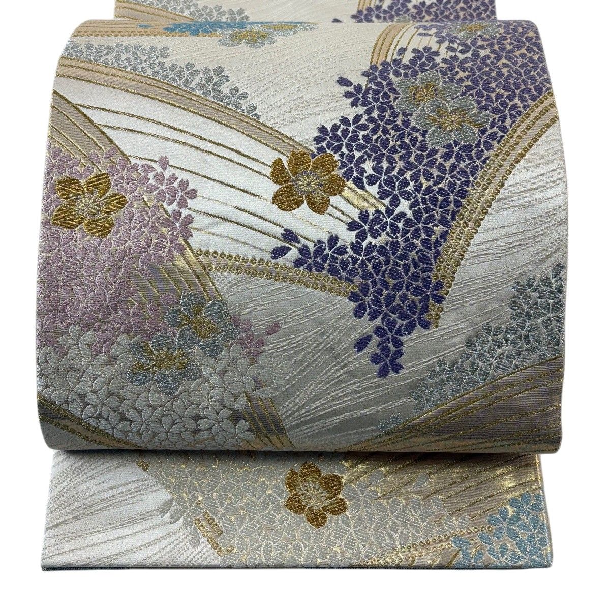 袋帯 秀品 斜縞 幾何学 金銀糸 茶紫 六通 正絹(仕立て上がり)