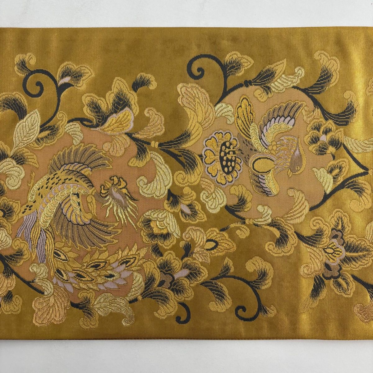 美品】 袋帯 秀品 鳳凰 花唐草 金糸 箔 金色 六通 正絹 【中古 