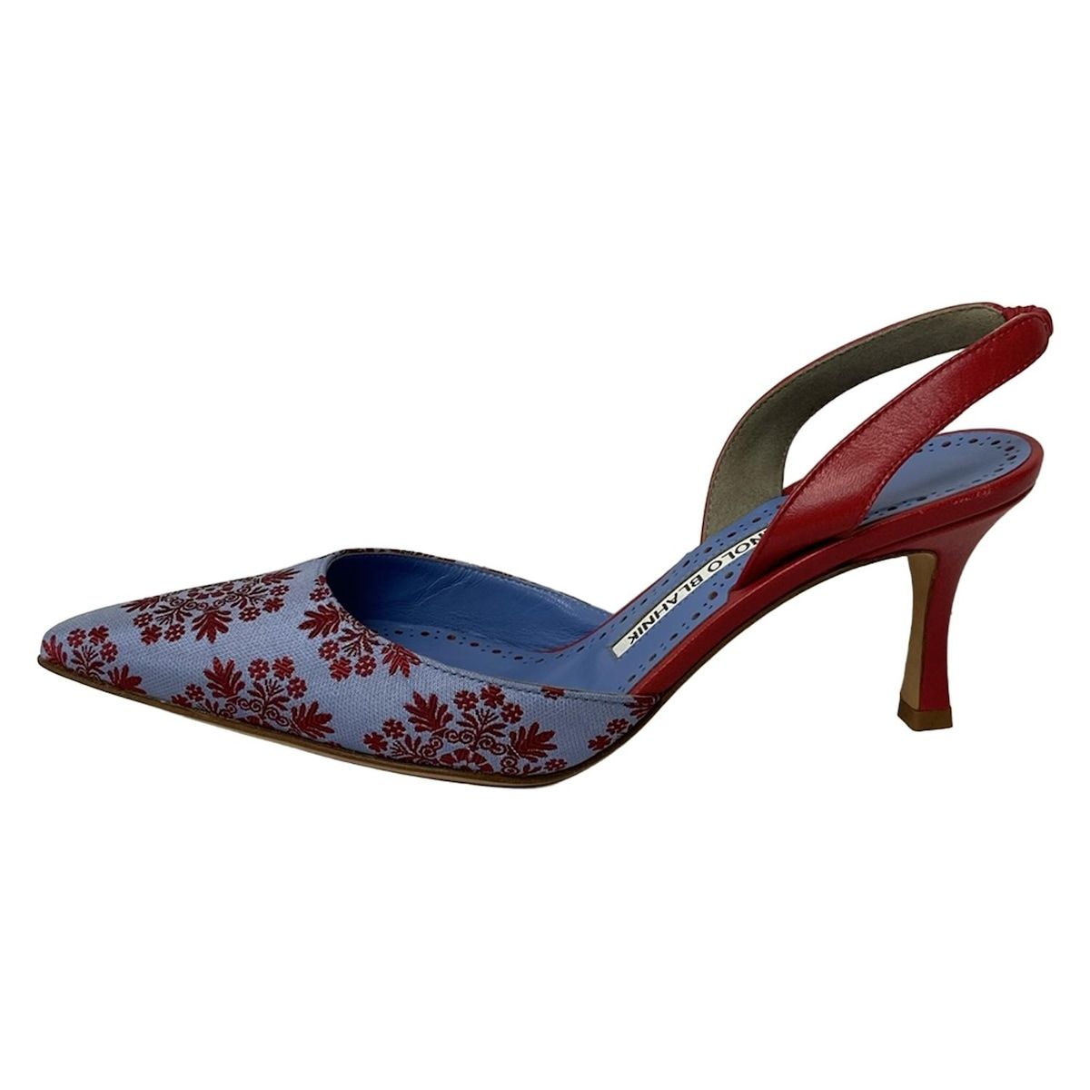 MANOLO BLAHNIK (Manolo Blahnik) Sandals 35 1/2 Women's Good Condition Light Blue x Red Floral Leather