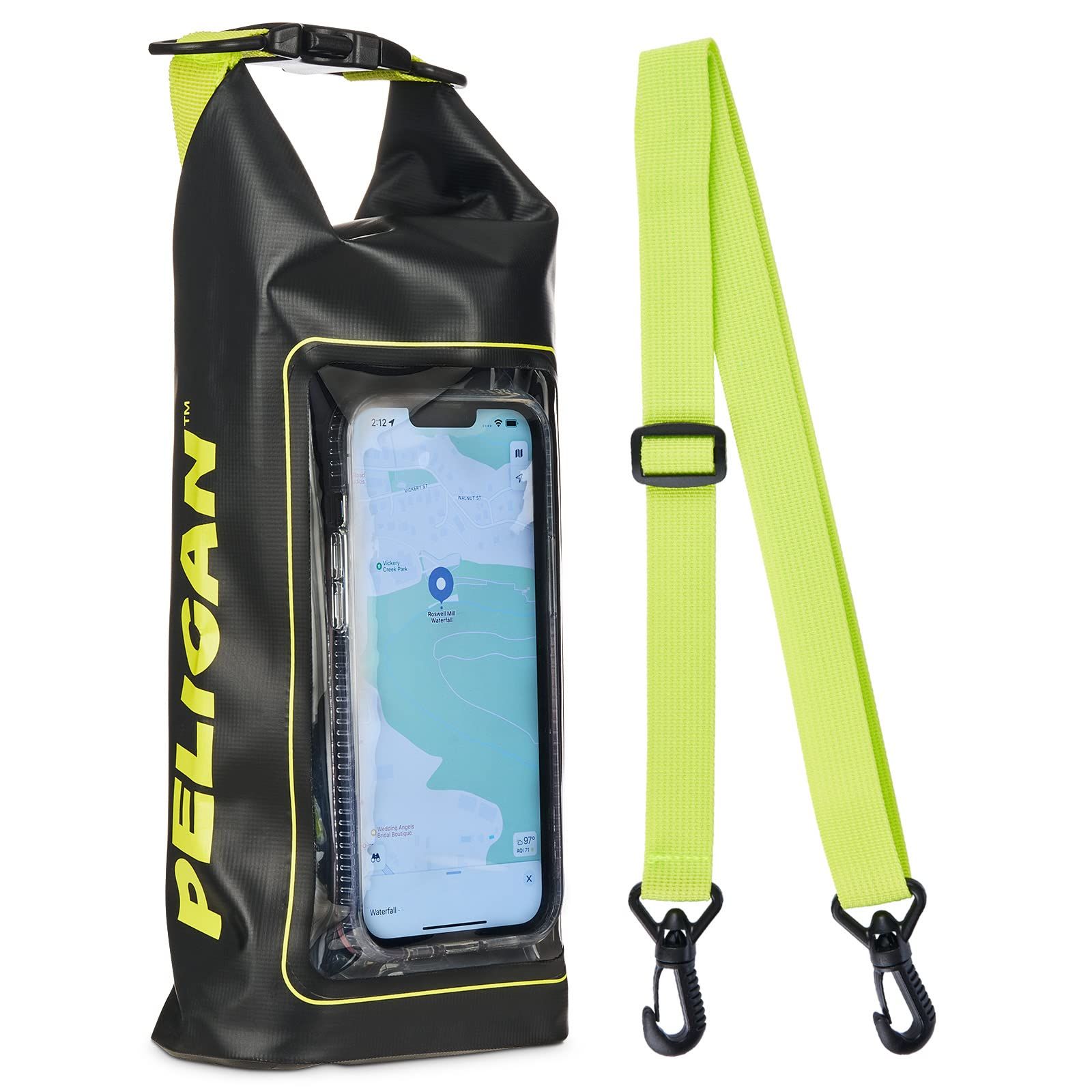 Pelican Marine IP68 防水ドライバッグ 2L - ロールトップ防水バックパック 電話ケース/ポーチ付き - ボート&カヤックアクセサリー - キャンプ、水泳、ビーチ、釣り、ラフティング、旅行の必需品 - ブラック/イエロー