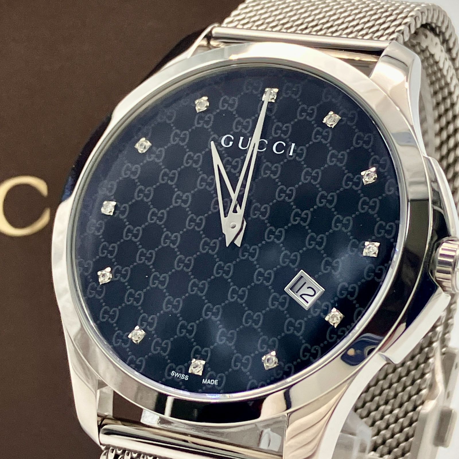 極美品】グッチ GUCCI Gタイムレス 126.3 12Pダイヤ GG柄 シルバー 