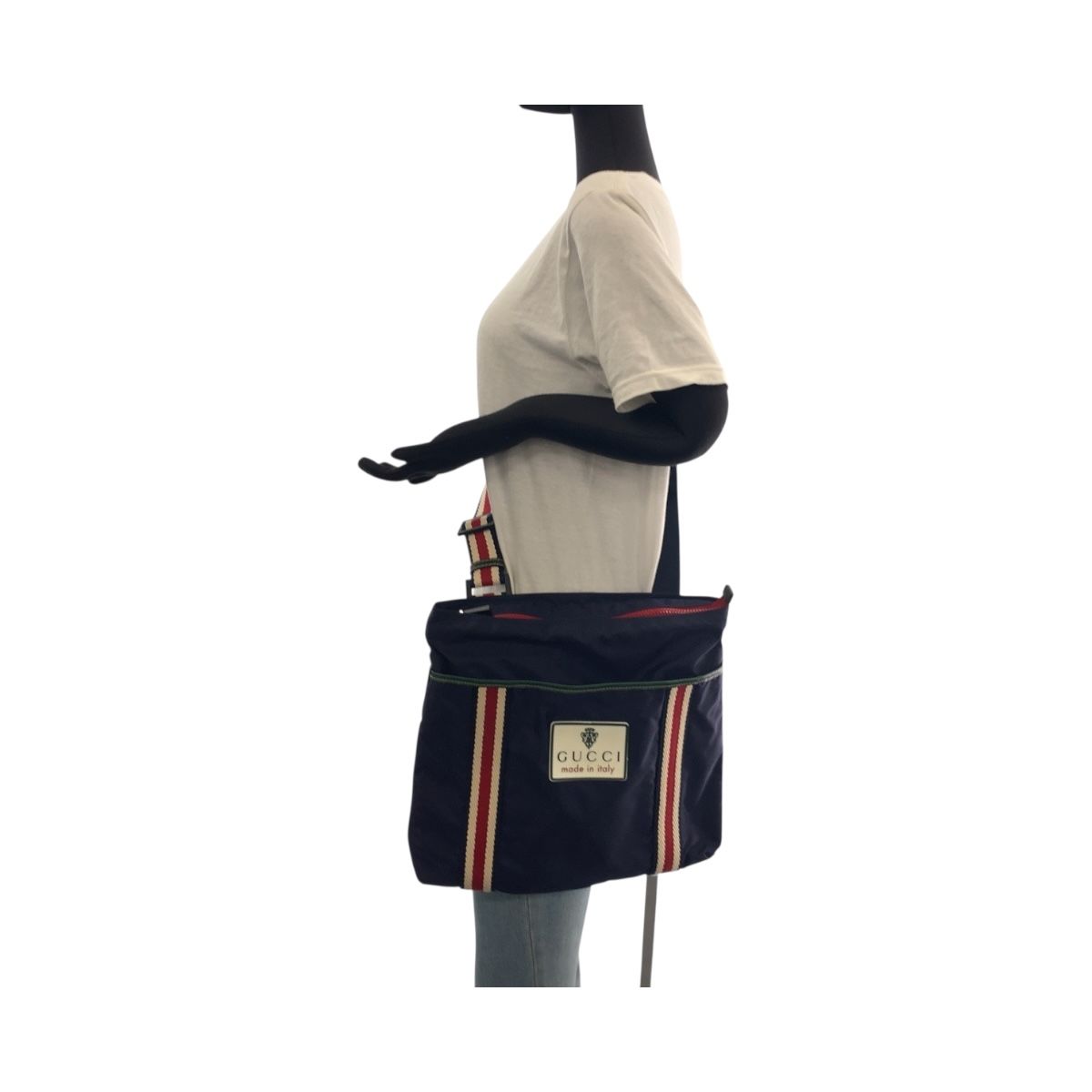 美品 GUCCI グッチ クレスト ネイビー レッド ブラック金具 ナイロン 