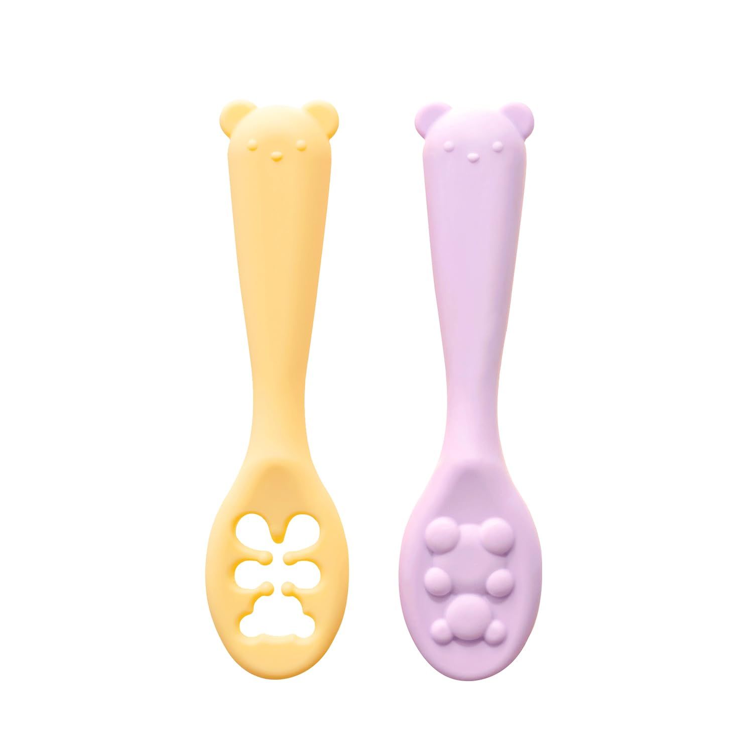 新品 reliev(リリーブ) ファースト離乳食スプーン 2本セット ハニーイエロー×ハニーパープル はじめて使う 成長に合わせて使い分け 吸い食いスプーン ちゅうちゅう吸うだけ 4か月ごろから 電子レンジ対応 食洗機対応 医療用プラチナシリコン使用