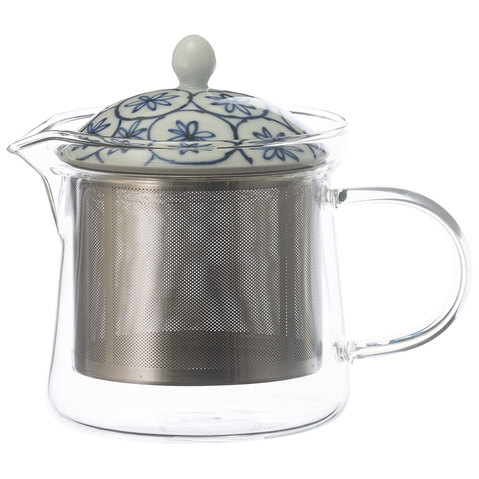 新品 西海陶器 波佐見焼 一誠陶器 ガラス ティーポット 小 約425ml (スーパーステンレス茶こし付) 花籠 青 ブルー 日本製 20498