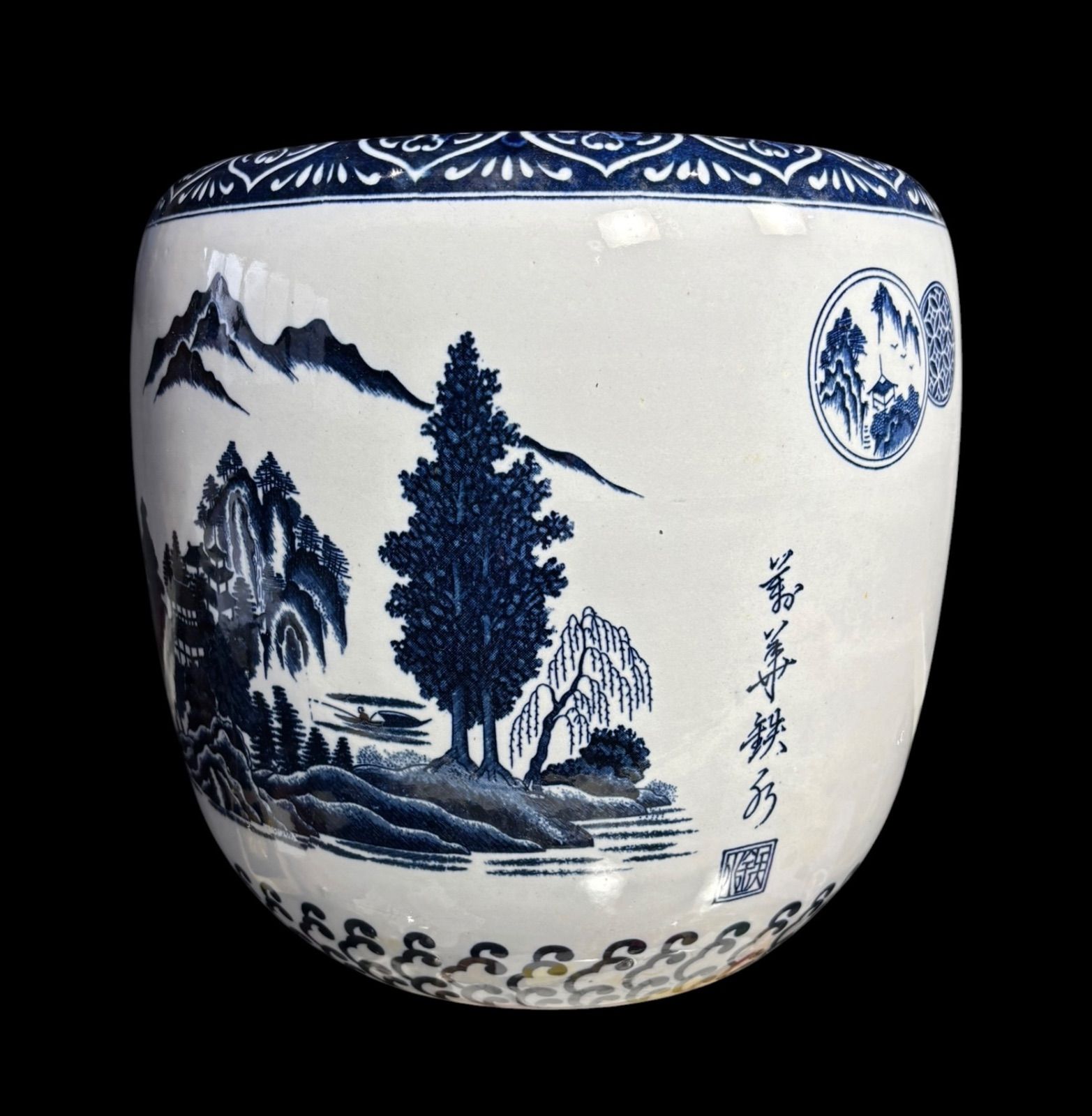 昭和レトロ 染付 火鉢 山水風景文図 金魚鉢 睡蓮鉢 壺 陶器 時代物 
