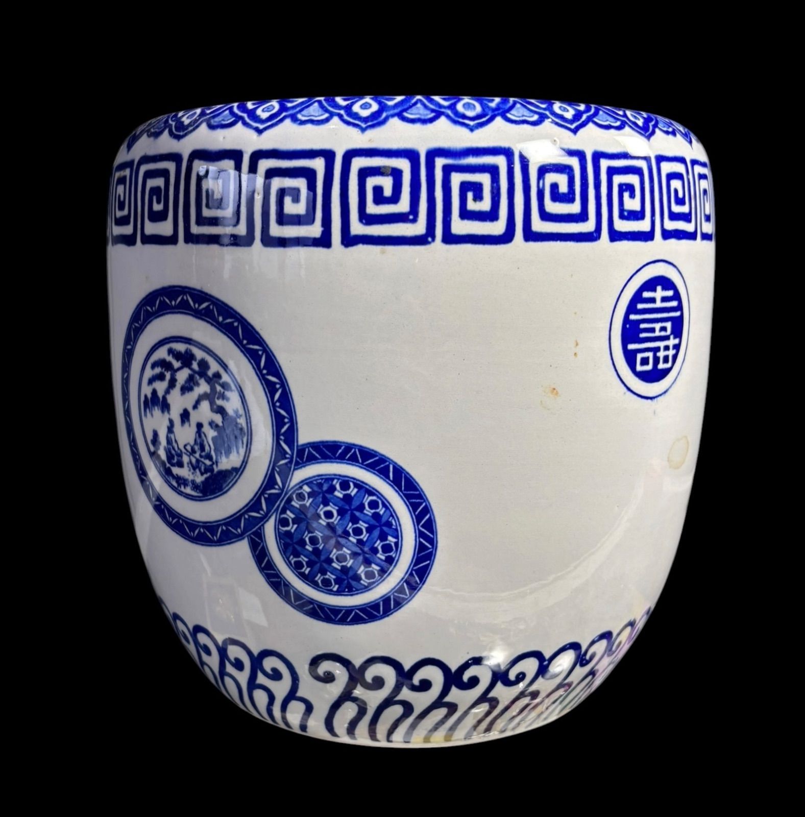 昭和レトロ 染付 火鉢 福 壽 金魚鉢 睡蓮鉢 壺 陶器 時代物 古道具 