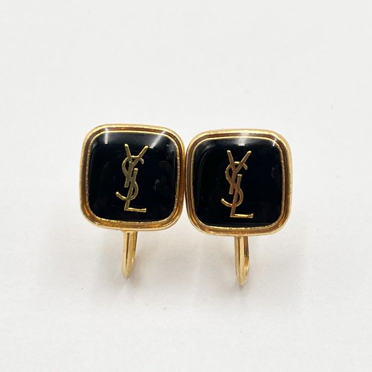 YVES SAINT LAURENT（イヴサンローラン）ヴィンテージ YSLロゴ イヤリング ブラック ゴールド スクエア レディース 【中古】