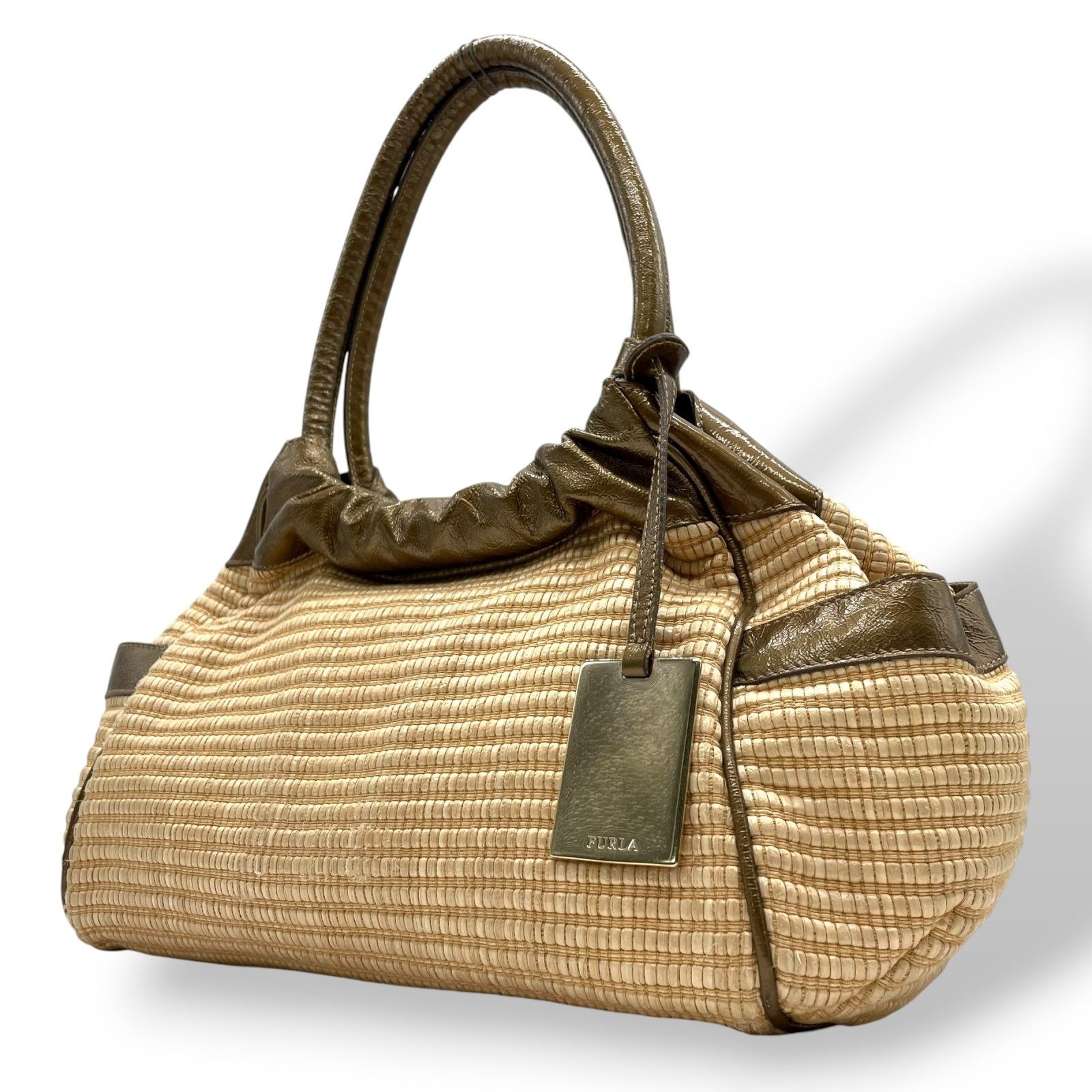フルラ FURLA ラフィア レザー ハンドバッグ トート カーキ ベージュ 